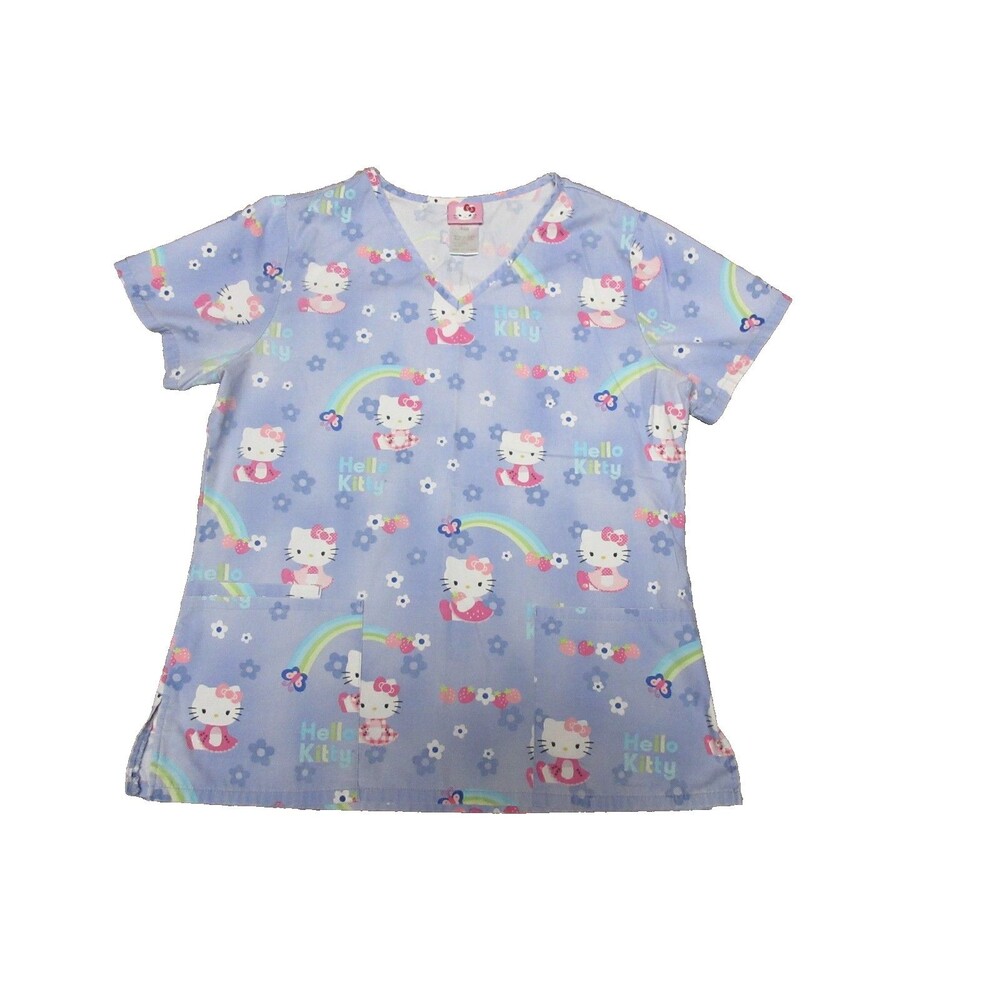 Hello Kitty Scrub Top Women's Size S Lavender Rainbow Floral Nurse Medical Unifo